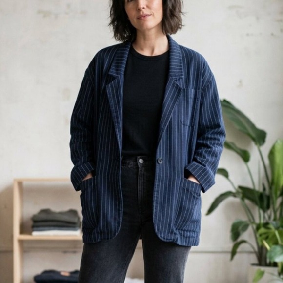 Smythe Jackets & Blazers - Smythe Navy Blue Pinstripe Linen Blend Blazer Jacket Womens Large Made in Canada